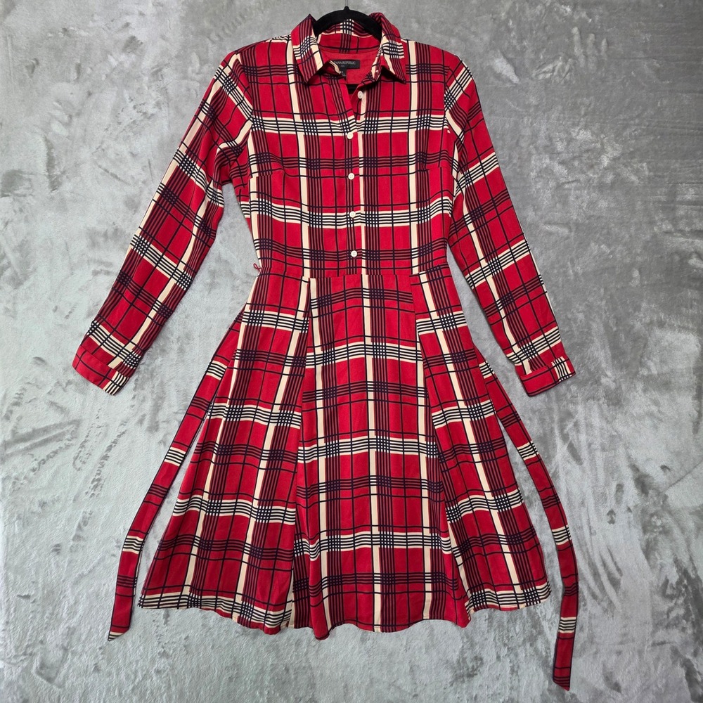 Banana Republic Red Plaid Long Sleeve Shirt Dress Size 0 NWT 387443-00-1